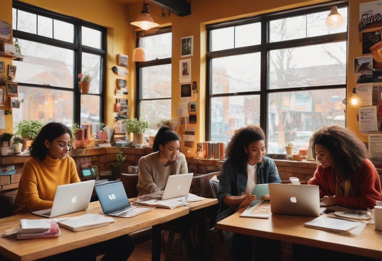 A collage of diverse bloggers working on their laptops in a cozy coffee shop environment, showcasing various niches like travel, food, and fashion. Include vibrant books and resources scattered around, with inspirational quotes on the walls. Soft sunlight streaming through the windows, creating an inviting atmosphere. Illustrate a sense of community and collaboration among the bloggers. vibrant colors. cozy ambiance. digital art.