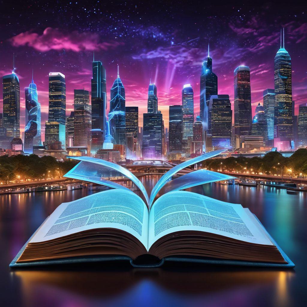A captivating digital landscape featuring a glowing open book, radiating stories in the form of vibrant holographic images and symbols, with a backdrop of a futuristic city and a diverse group of bloggers sharing ideas. The atmosphere should exude creativity and inspiration, with swirling, colorful lights representing the flow of digital storytelling. super-realistic. vibrant colors. 3D.