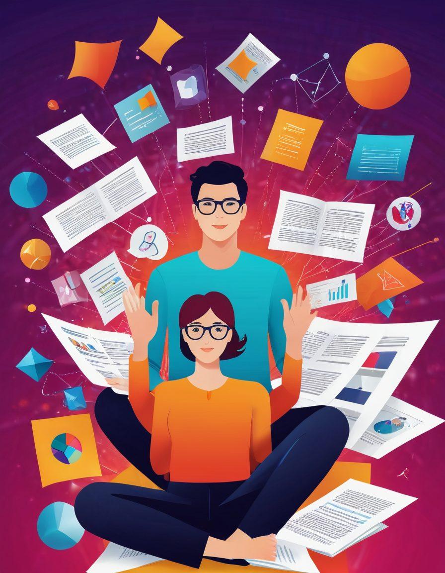 A vibrant and dynamic illustration demonstrating a person juggling various digital content forms like videos, articles, and images, symbolizing effective storytelling in content management. Incorporate elements like a computer and mobile devices in the background, along with colorful graphs and charts to depict strategy analysis. Include a storytelling book with pages transforming into digital screens around them. super-realistic. vibrant colors. white background.